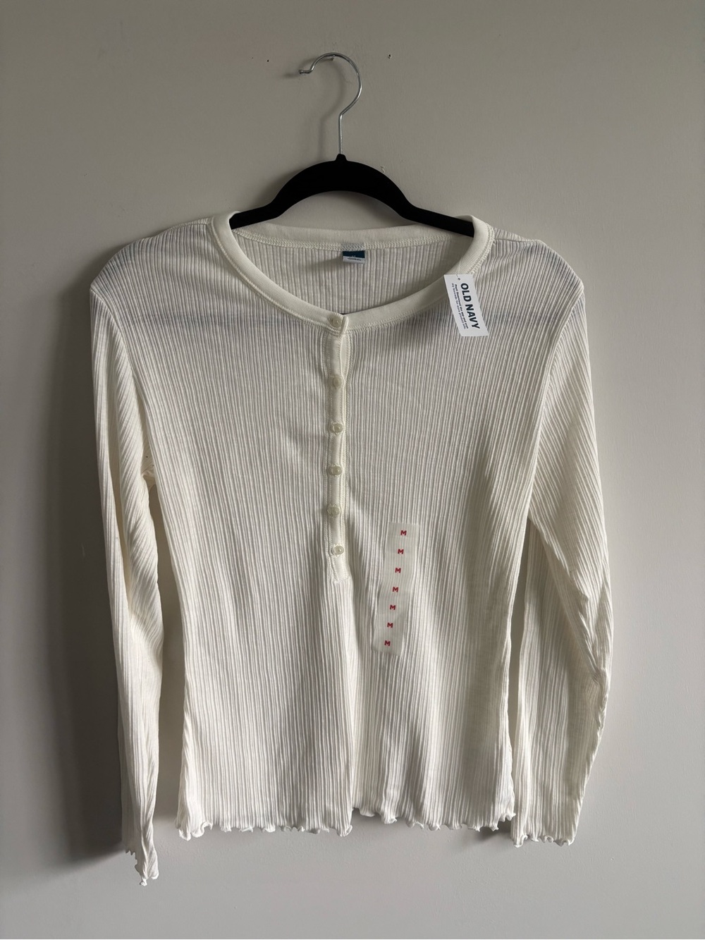 Old Navy Cream Ribbed Henley Long Sleeve Top - Lettuce Trim